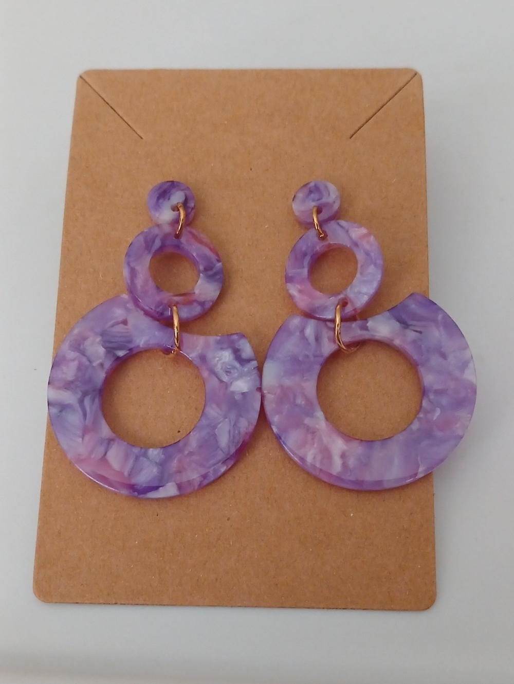 Fashion Jewelry Purple Marbled Double Hoop Dangle Earrings - Picture 2 of 3